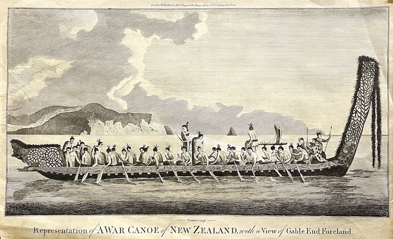 Representation of a War Canoe of New Zealand with a View of Gable End Foreland [Nueva Zelanda]